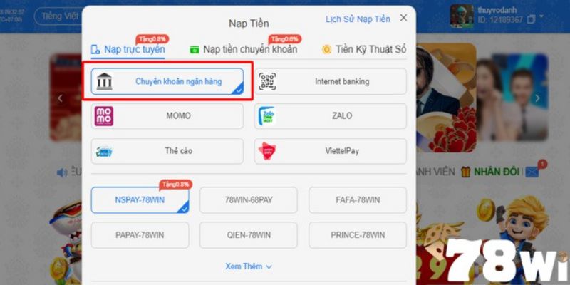 Hướng dẫn nạp tiền 78win bằng ngân hàng